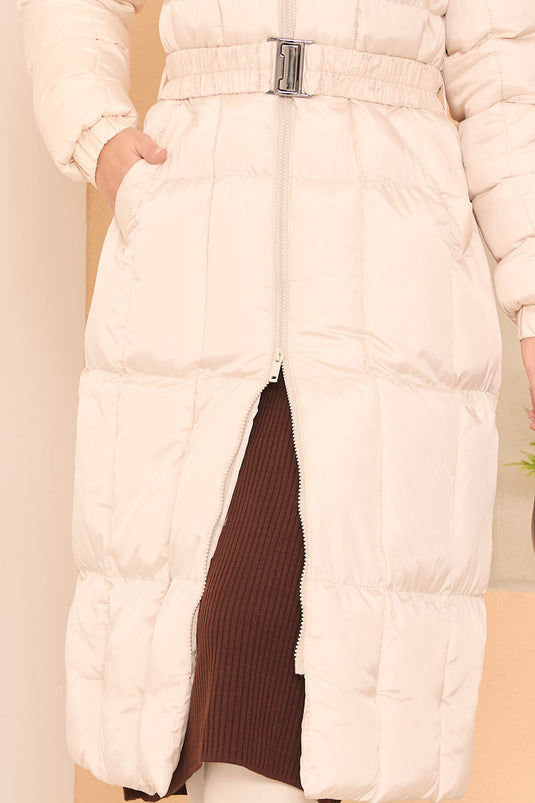 Fur Hooded Removable Belted Puffer Coat Beige