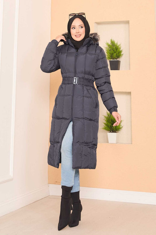 Kapüşonu Kürklü Seyyar Kemerli Şişme Mont Gri