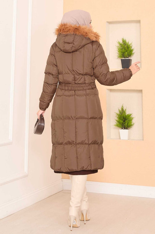 Fur Hooded Removable Belted Puffer Jacket Brown