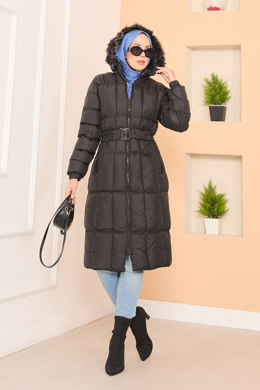 Fur Hooded Removable Belted Puffer Jacket Black