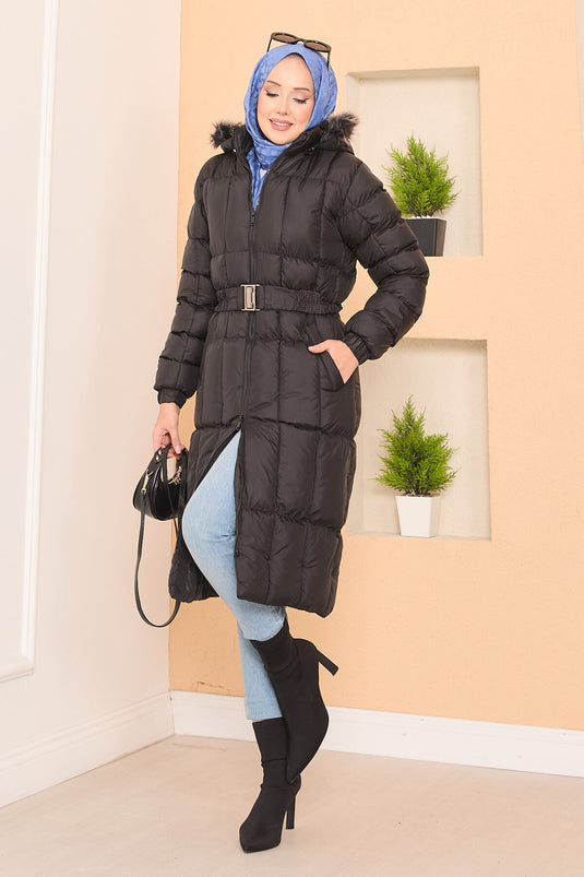 Kapüşonu Kürklü Seyyar Kemerli Şişme Mont Siyah