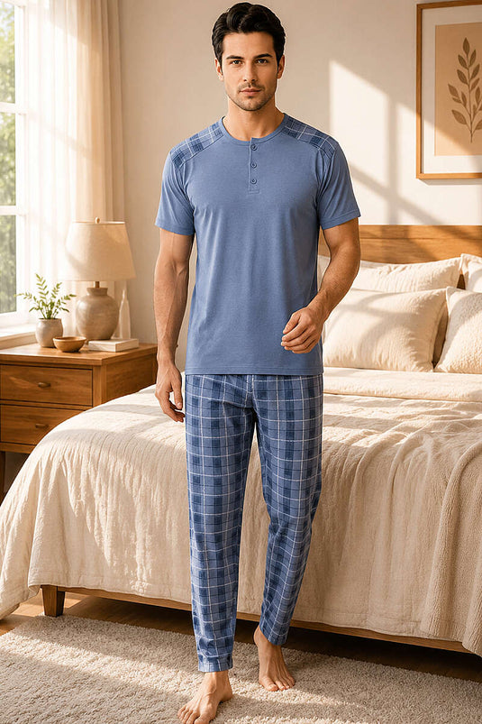 Ensemble pyjama homme à trois boutons motif carreaux indigo