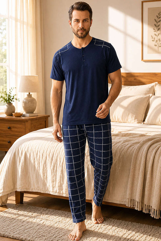Ensemble pyjama homme à trois boutons motif carreaux bleu marine