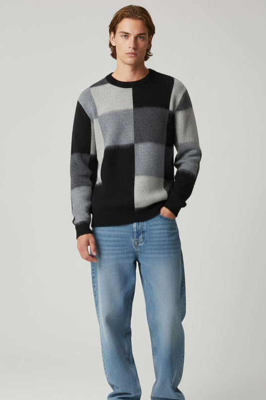 Kare Desen Yumoş Triko Erkek Kazak Siyah