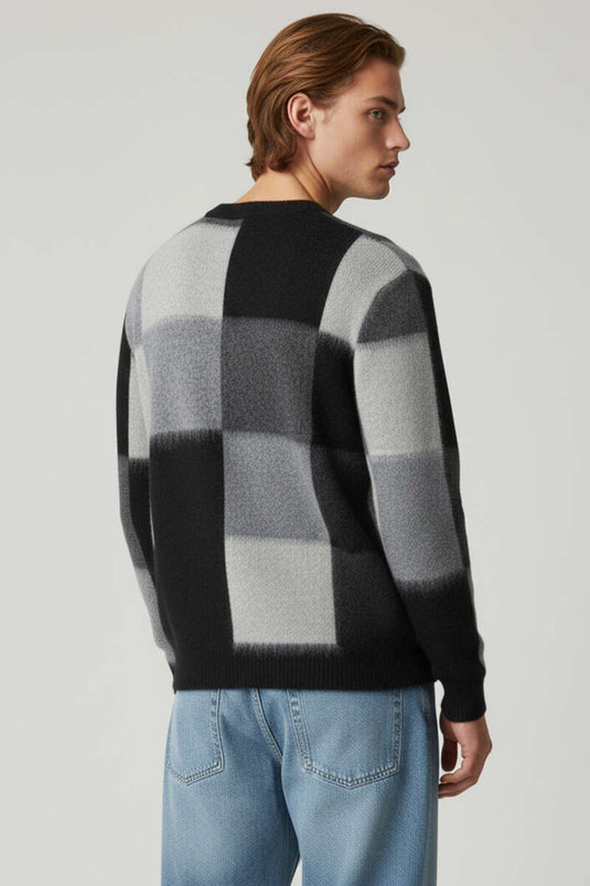 Kare Desen Yumoş Triko Erkek Kazak Siyah