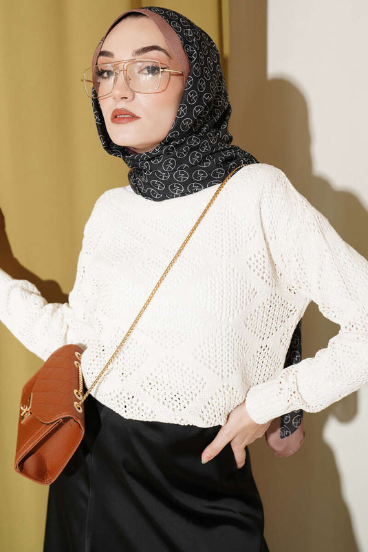Cream Openwork Knit Sweater with Square Pattern