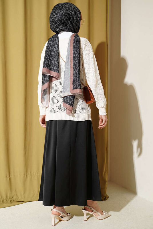 Cream Openwork Knit Sweater with Square Pattern