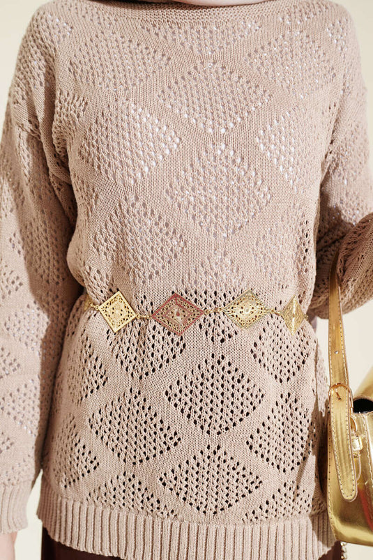 Pull en tricot ajouré à motif carré, couleur vison