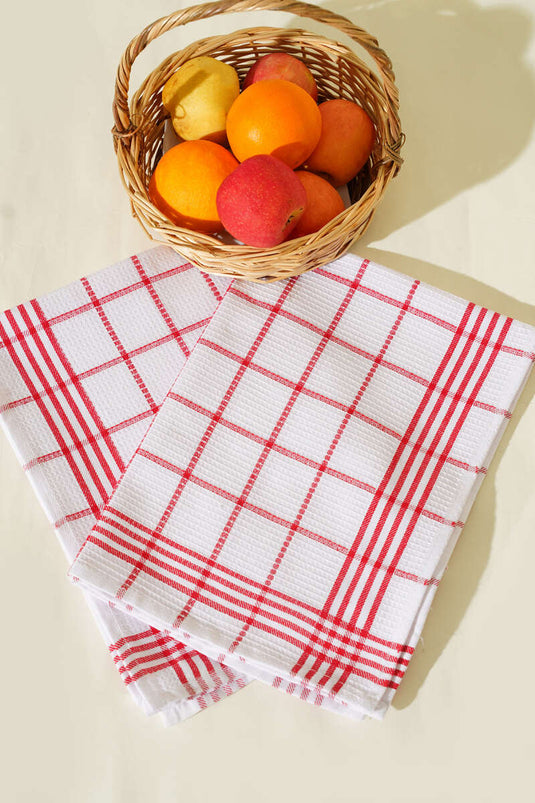 Set of 2 Kitchen Towels with Square Pattern, Red