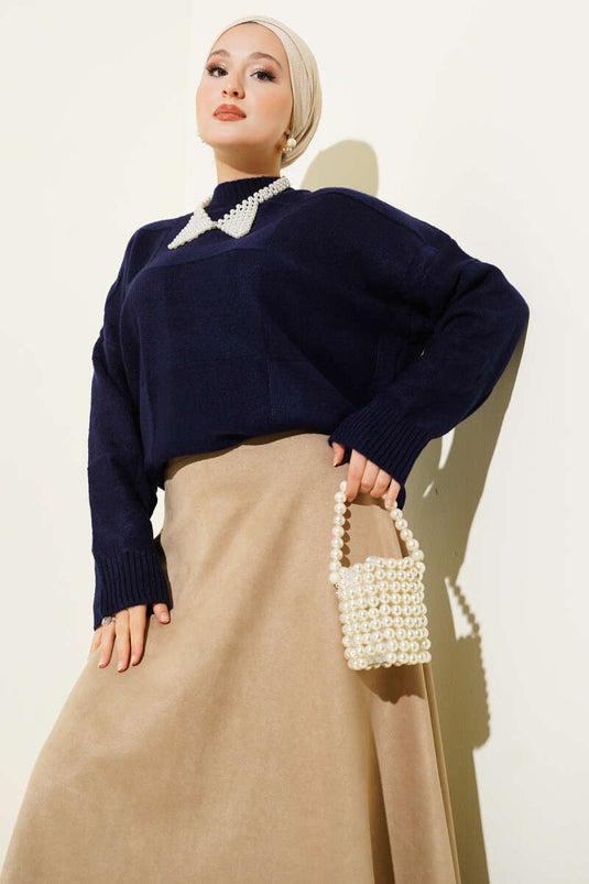 Square Patterned Knit Sweater Navy Blue