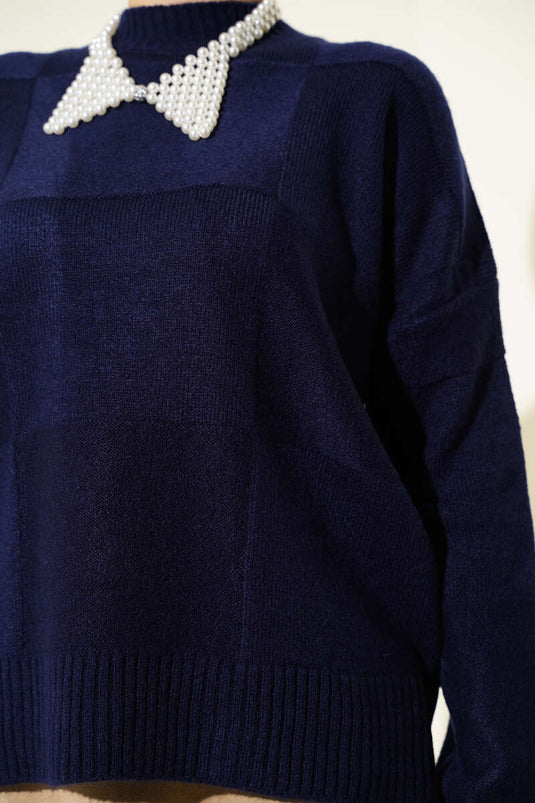 Square Patterned Knit Sweater Navy Blue