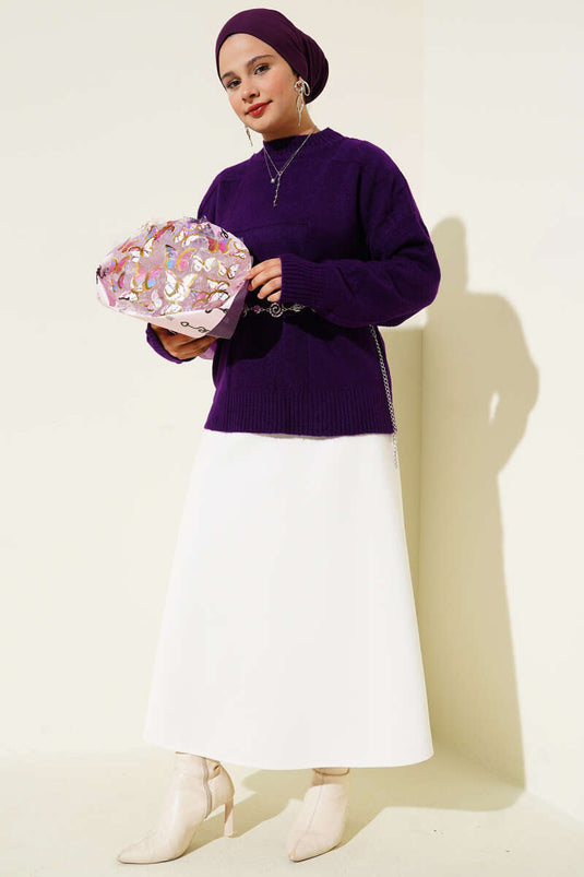 Kare Desenli Triko Kazak Mor