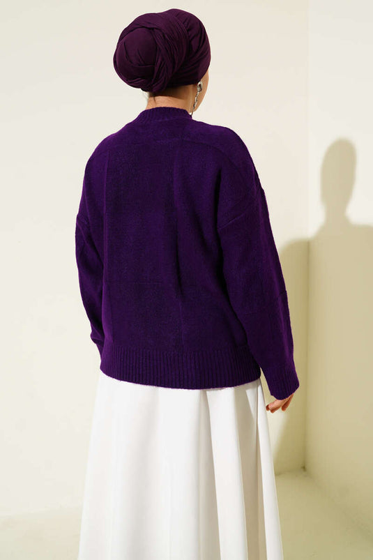 Kare Desenli Triko Kazak Mor