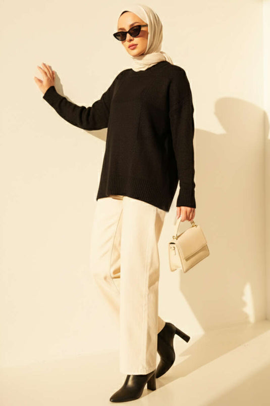 Kare Desenli Triko Kazak Siyah