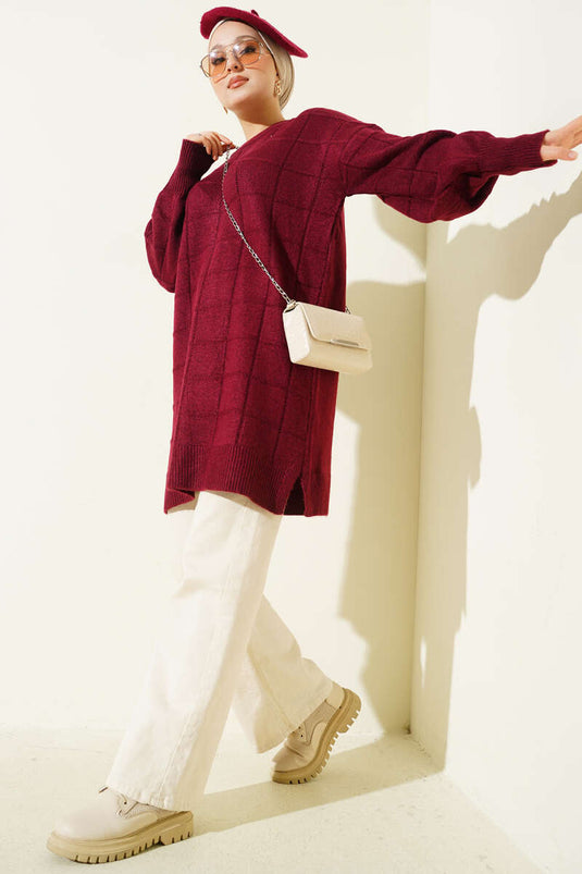 Square Patterned Soft Knit Tunic Claret Red
