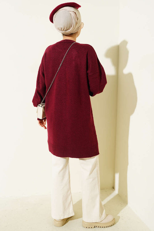 Square Patterned Soft Knit Tunic Claret Red
