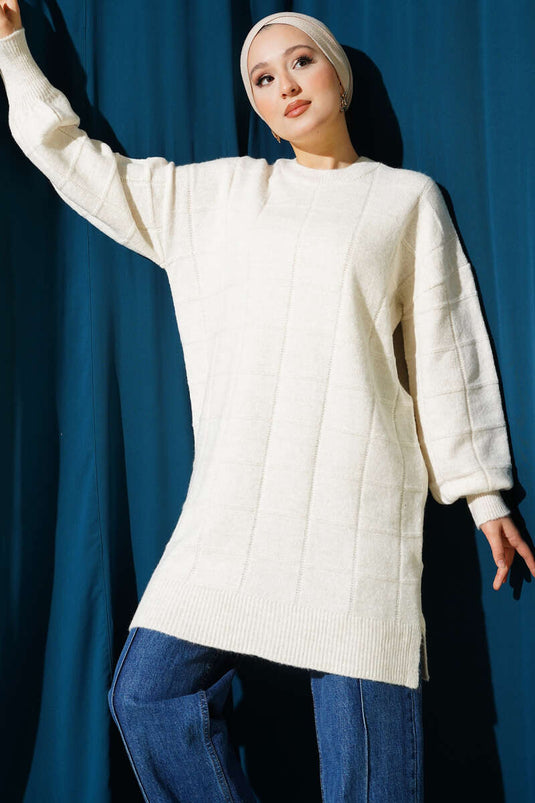 Square Patterned Soft Knit Tunic Ecru