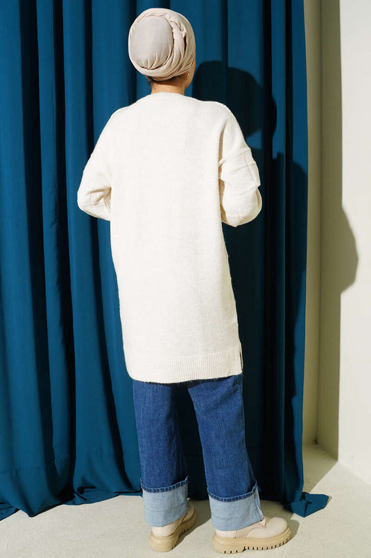 Square Patterned Soft Knit Tunic Ecru