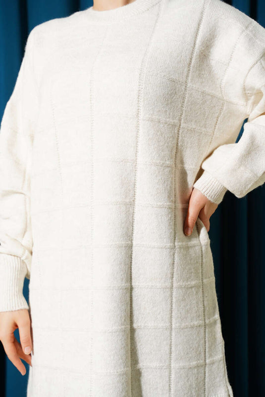 Square Patterned Soft Knit Tunic Ecru