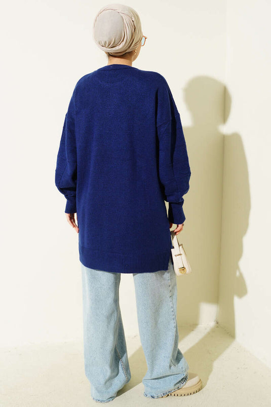 Square Patterned Soft Knit Tunic Navy Blue