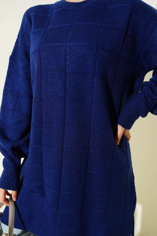 Square Patterned Soft Knit Tunic Navy Blue