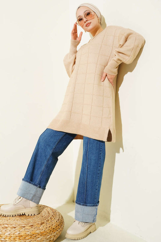 Square Patterned Soft Knit Tunic Latte