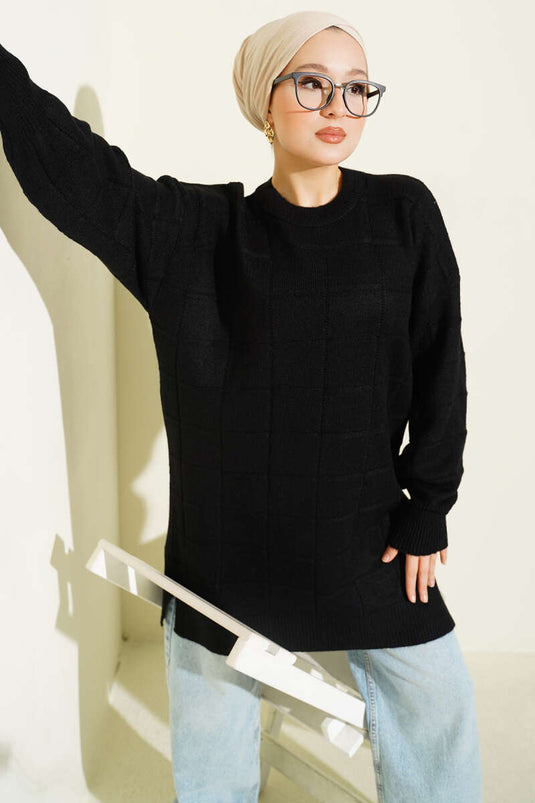 Vierkant patroon zachte gebreide tuniek zwart