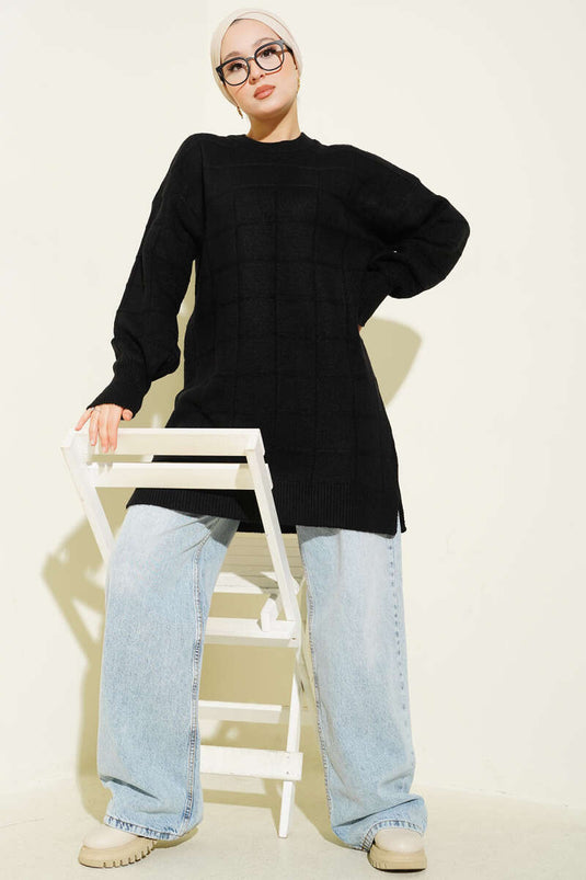 Square Patterned Soft Knit Tunic Black