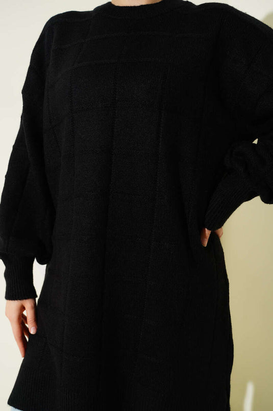 Vierkant patroon zachte gebreide tuniek zwart