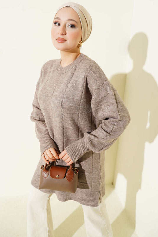 Tunique en maille douce à motifs carrés couleur vison