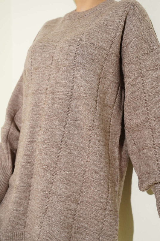 Tunique en maille douce à motifs carrés couleur vison