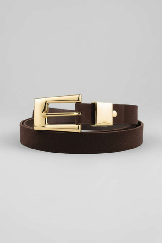 Ceinture en daim marron avec boucle dorée à détails en forme de carré