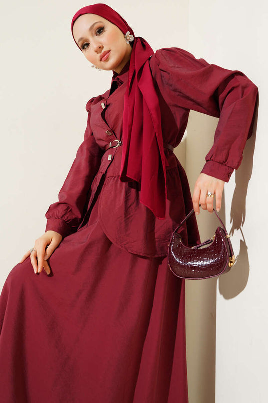 Kare Düğmeli Kemerli Etekli Takım Bordo