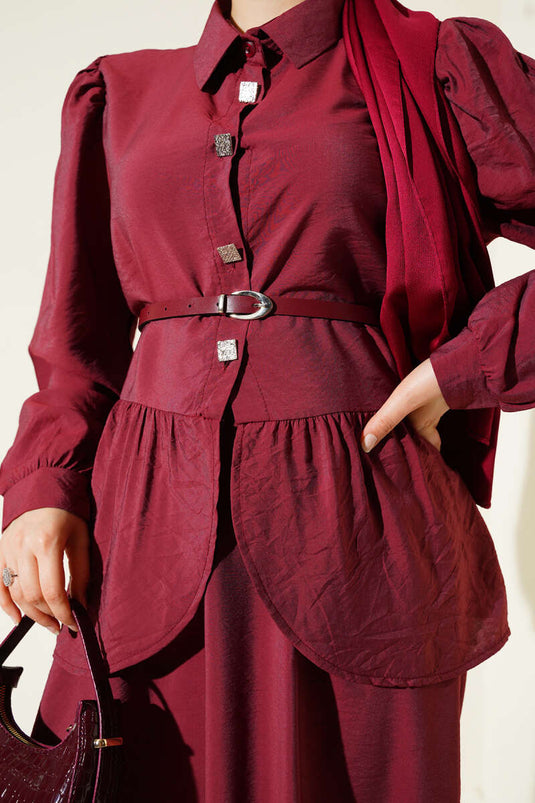 Kare Düğmeli Kemerli Etekli Takım Bordo