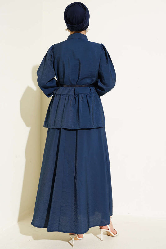 Kare Düğmeli Kemerli Etekli Takım Lacivert