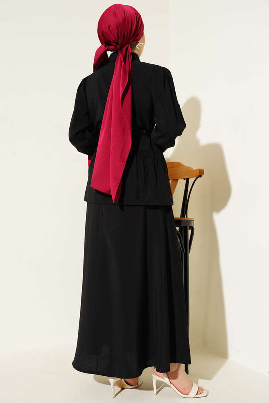 Kare Düğmeli Kemerli Etekli Takım Siyah