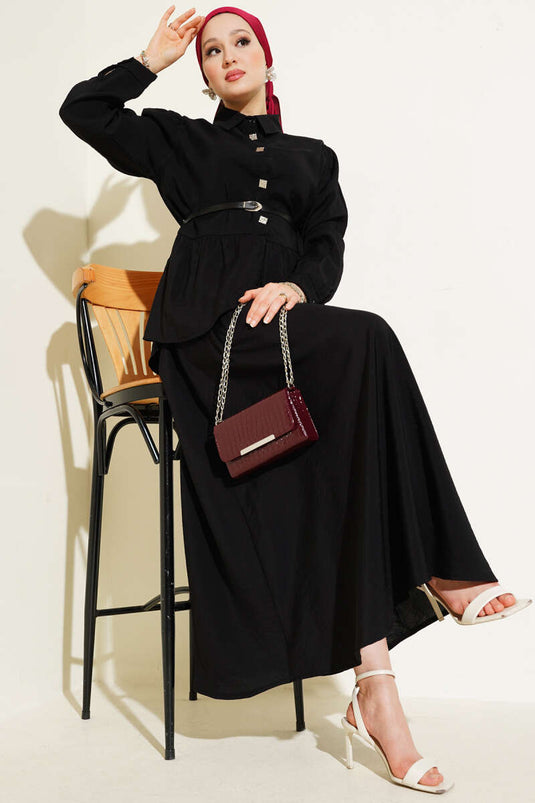 Kare Düğmeli Kemerli Etekli Takım Siyah