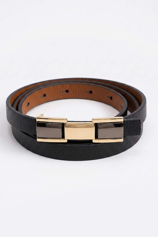 Kare Gold Buckle Detailed Thin Belt Black