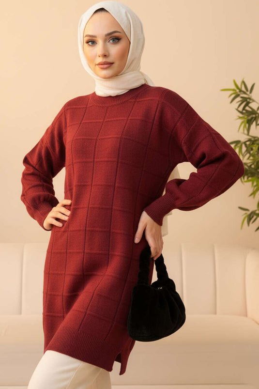 Square Embossed Soft Knit Tunic Claret Red
