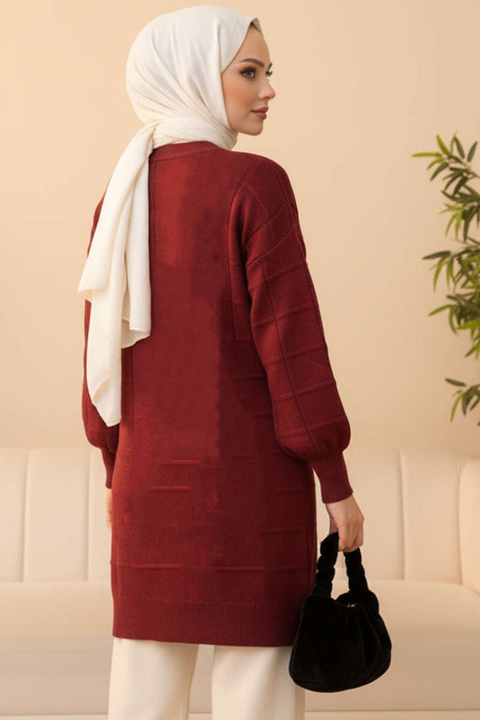 Square Embossed Soft Knit Tunic Claret Red
