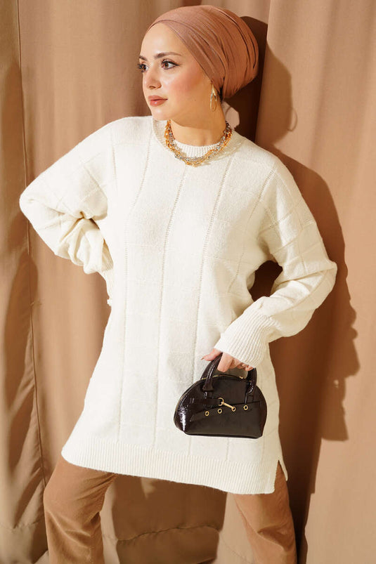 Kare Kabartmalı Yumoş Triko Tunik Kemik