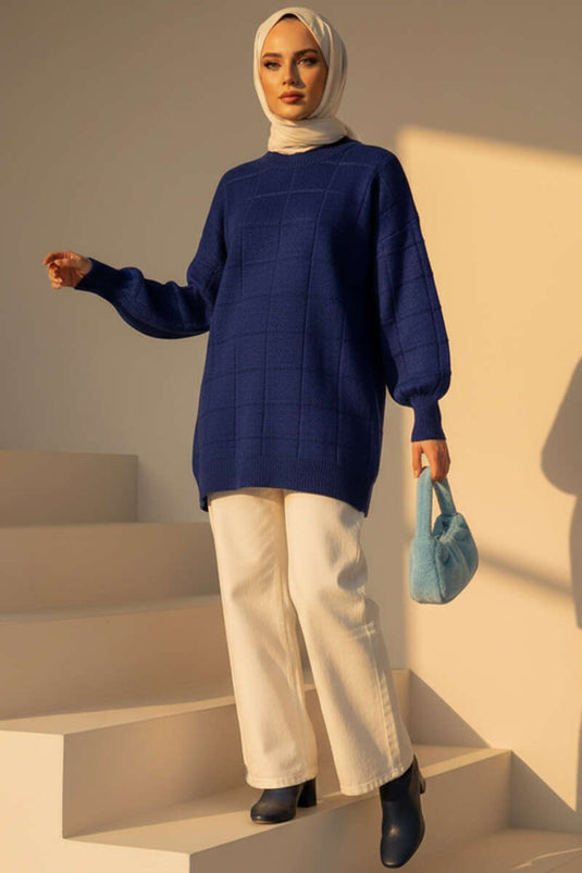 Square Embossed Soft Knit Tunic Navy Blue