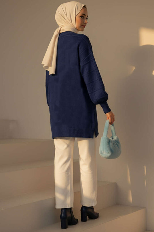 Square Embossed Soft Knit Tunic Navy Blue