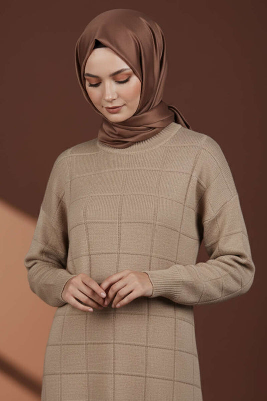 Kare Kabartmalı Yumoş Triko Tunik Latte