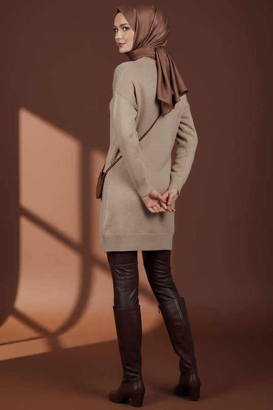 Kare Kabartmalı Yumoş Triko Tunik Latte