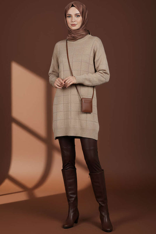 Kare Kabartmalı Yumoş Triko Tunik Latte