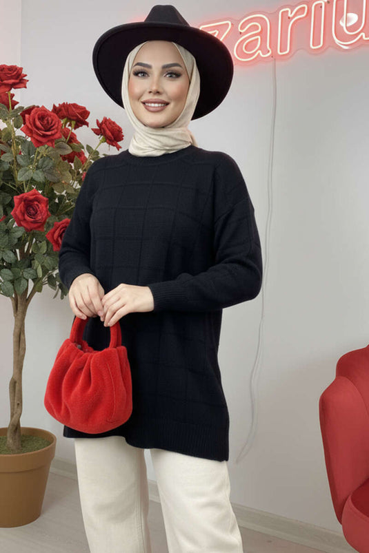Kare Kabartmalı Yumoş Triko Tunik Siyah