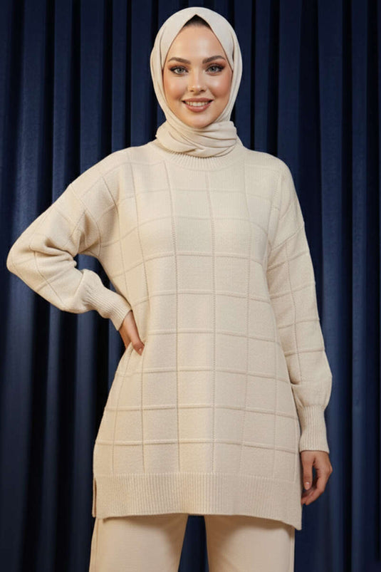 Kare Kabartmalı Yumoş Triko Tunik Taş