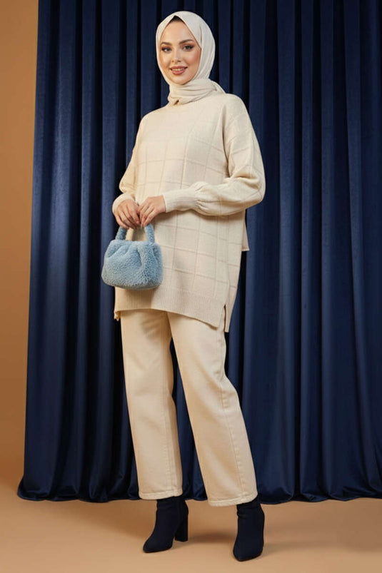 Kare Kabartmalı Yumoş Triko Tunik Taş