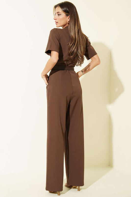 Kare Kemer Gesp V-hals Jumpsuit Koffiebruin